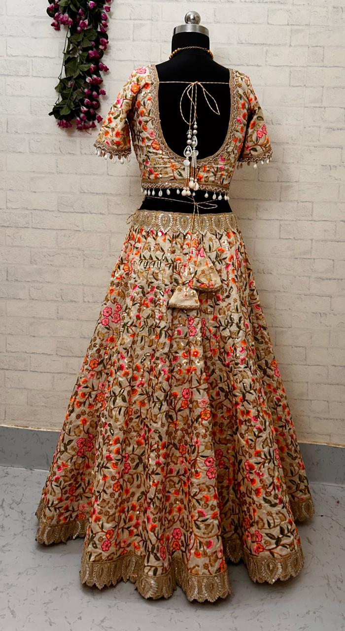 Handcrafted Silk Lehenga Set – Vibrant Threadwork in Bloom