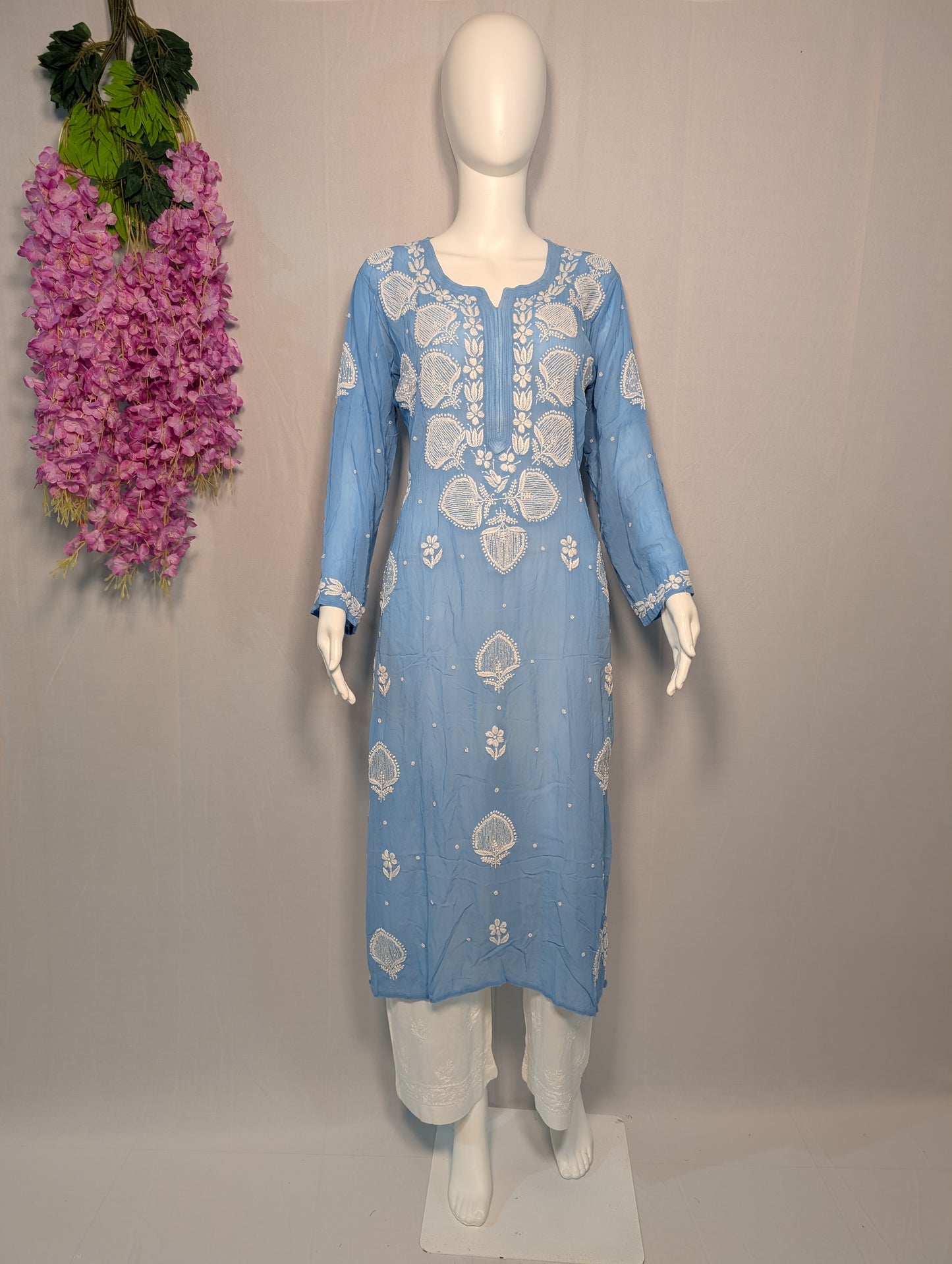 Aafreen Georgette Chikankari Kurti – Pearled Elegance in Sky Blue