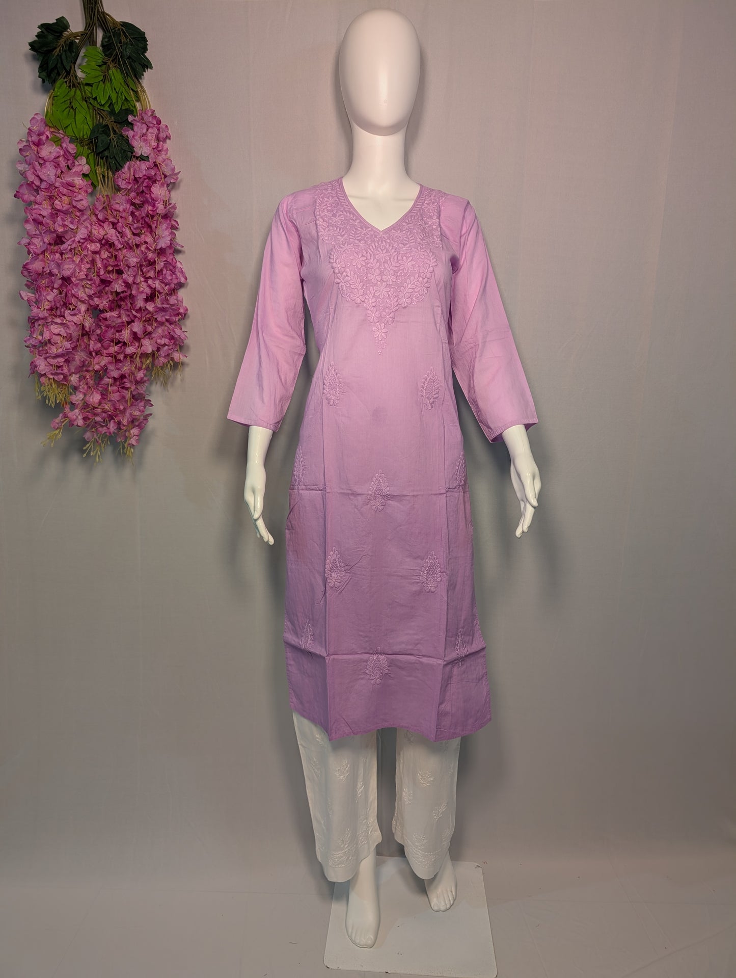Lavanya Cotton Chikankari Kurti – Lilac Dreams in Ombré Threads
