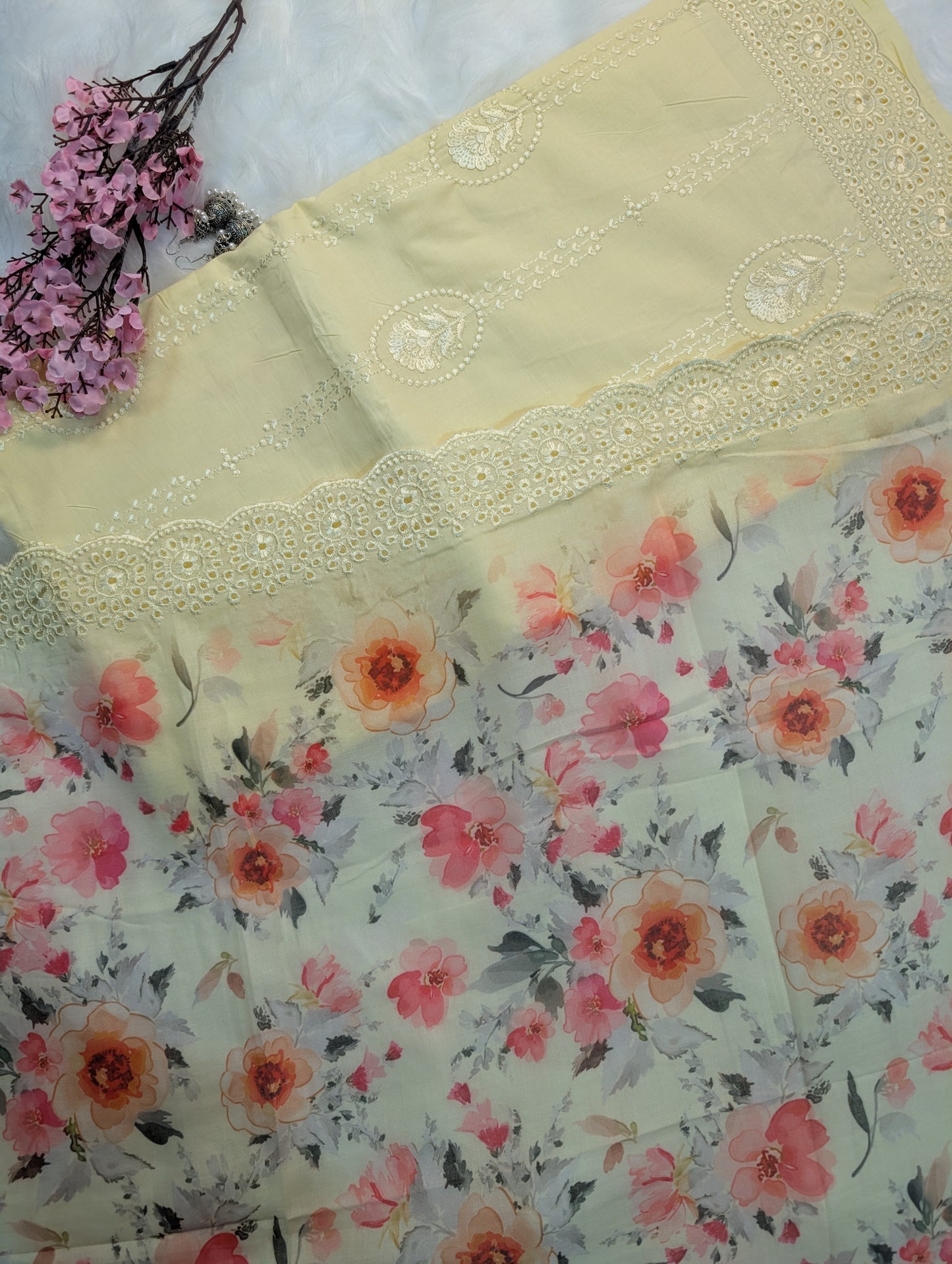 Yellow Embroidered Cotton Suit with Mal Cotton Printed Dupatta