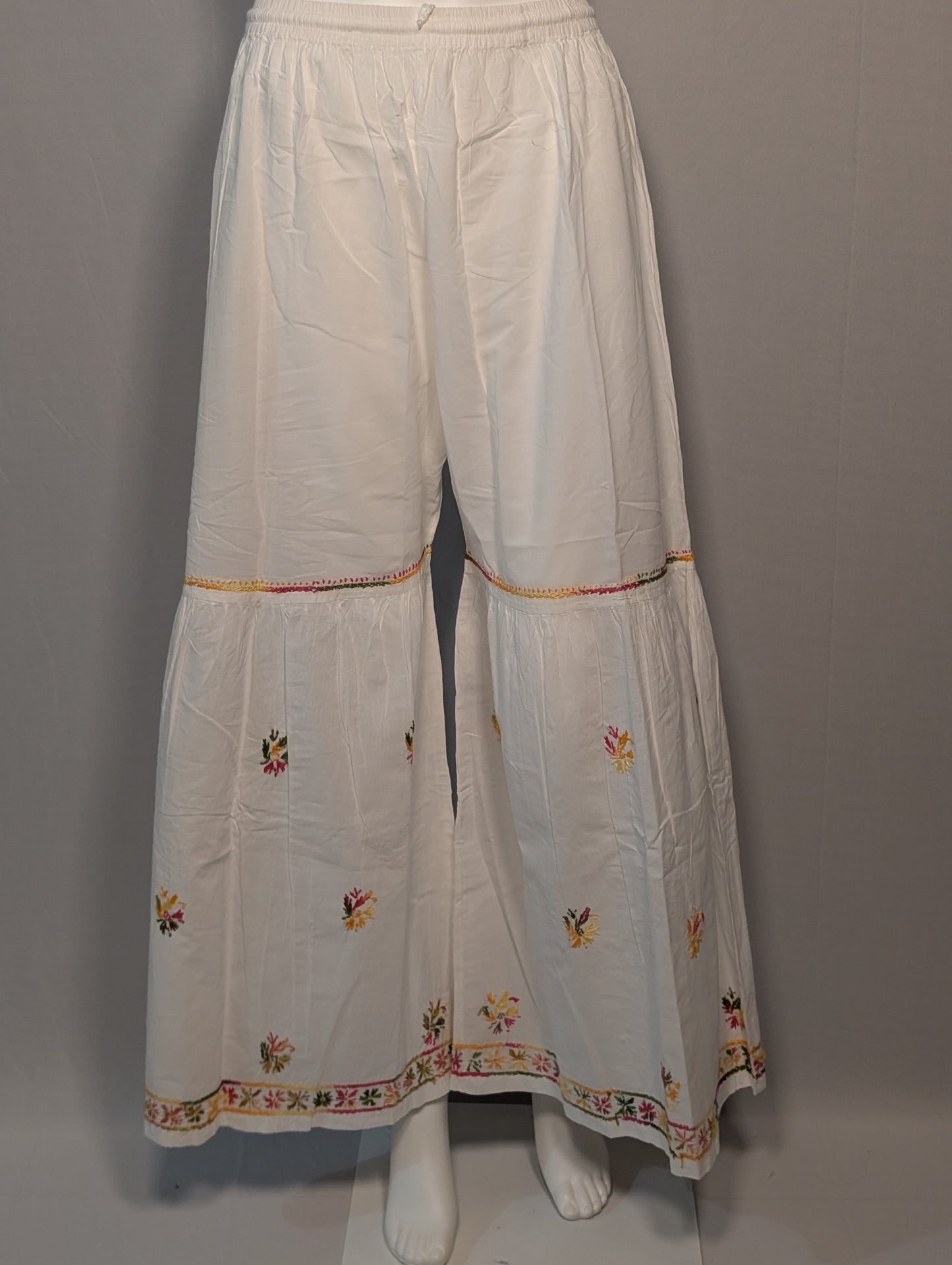 White Cotton Palazzo with Multicolor Handwork Chikankari Embroidery | Zari Zen