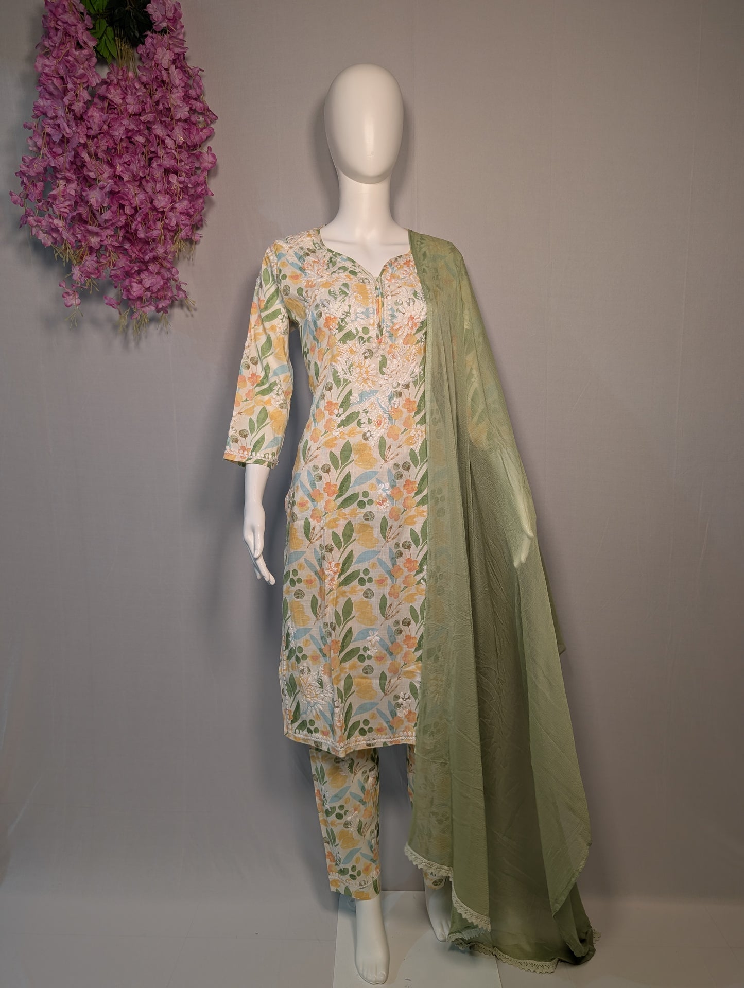 Green Floral Chikankari Mul Cotton Suit Set with Dupatta | Lucknowi Handwork