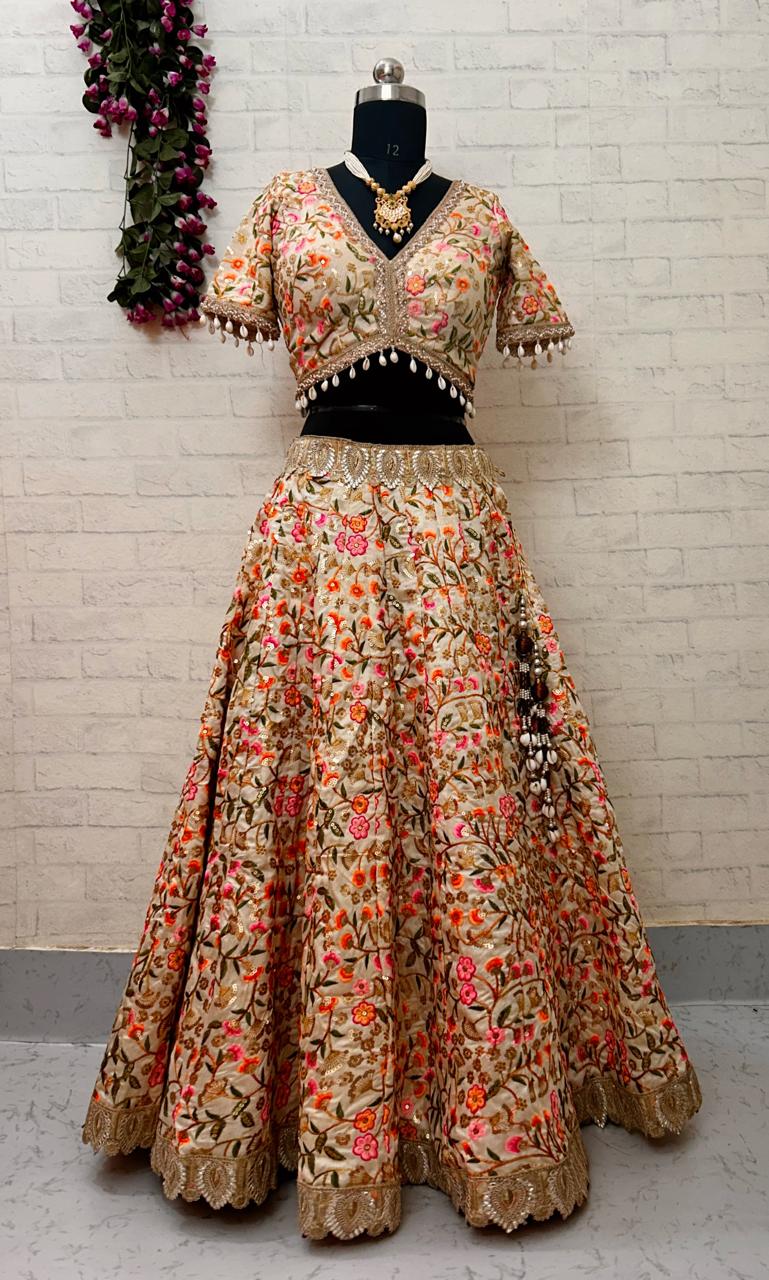 Handcrafted Silk Lehenga Set – Vibrant Threadwork in Bloom