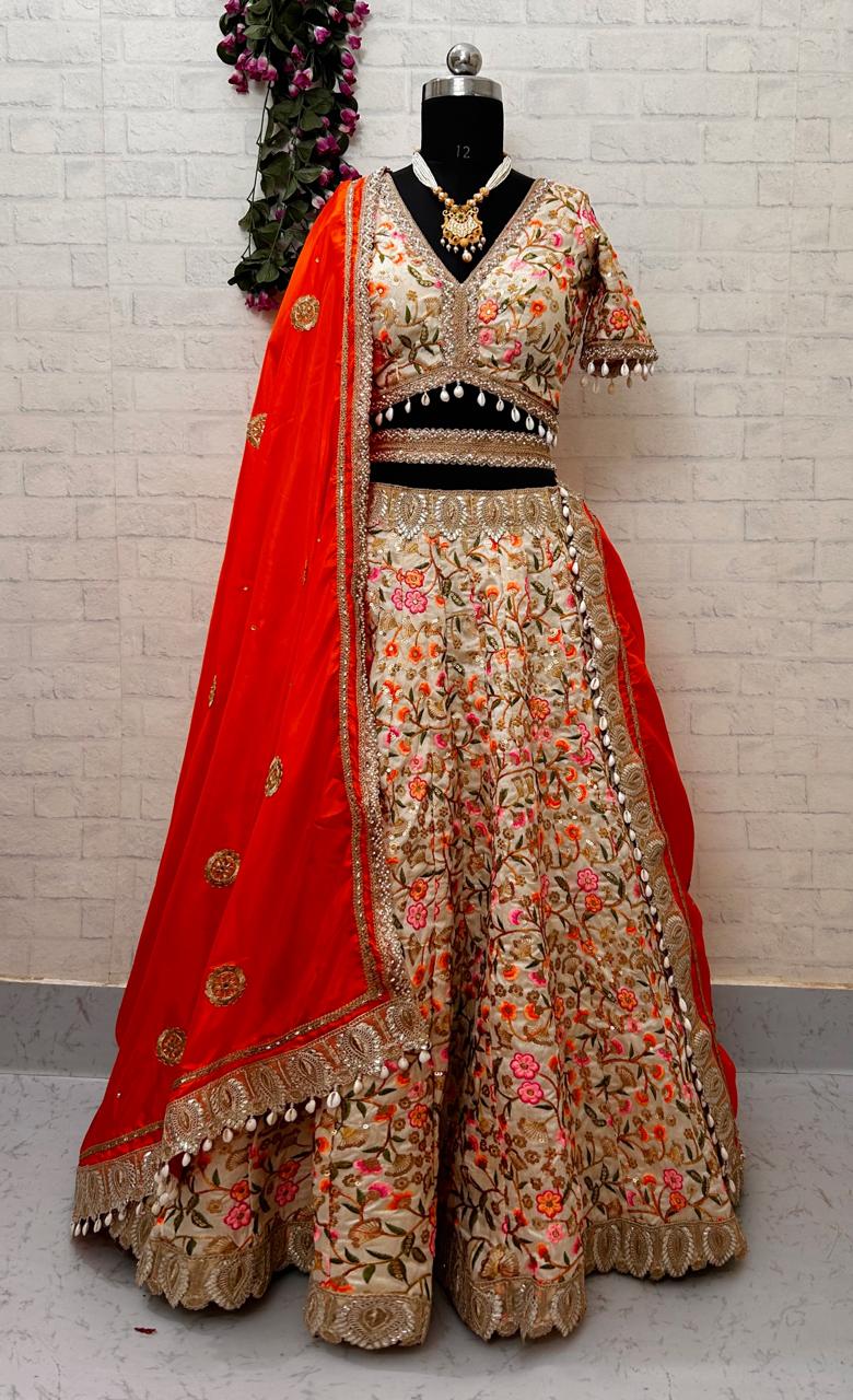 Handcrafted Silk Lehenga Set – Vibrant Threadwork in Bloom