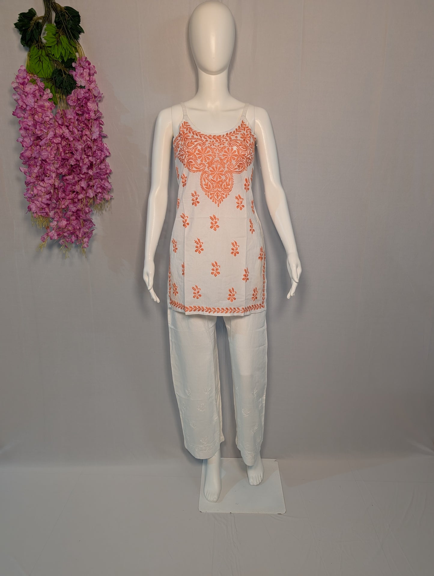 Mehek Noodle Strap Chikankari Kurti โ Tangerine Bloom
