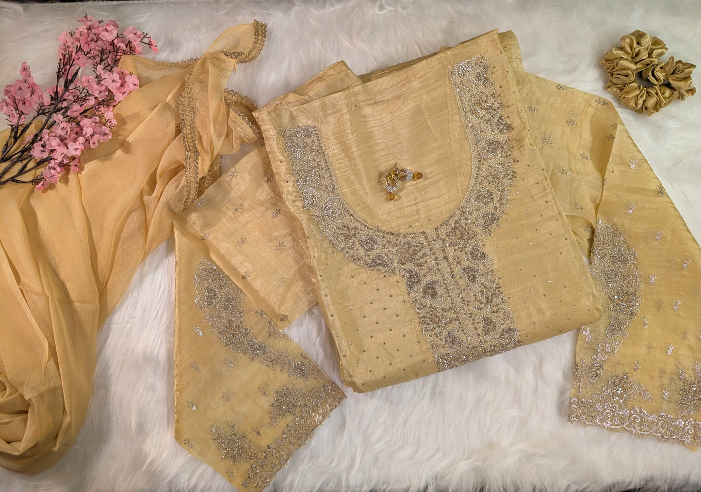 Embroidered Tissue-Organza Suit Set with Chiffon Dupatta