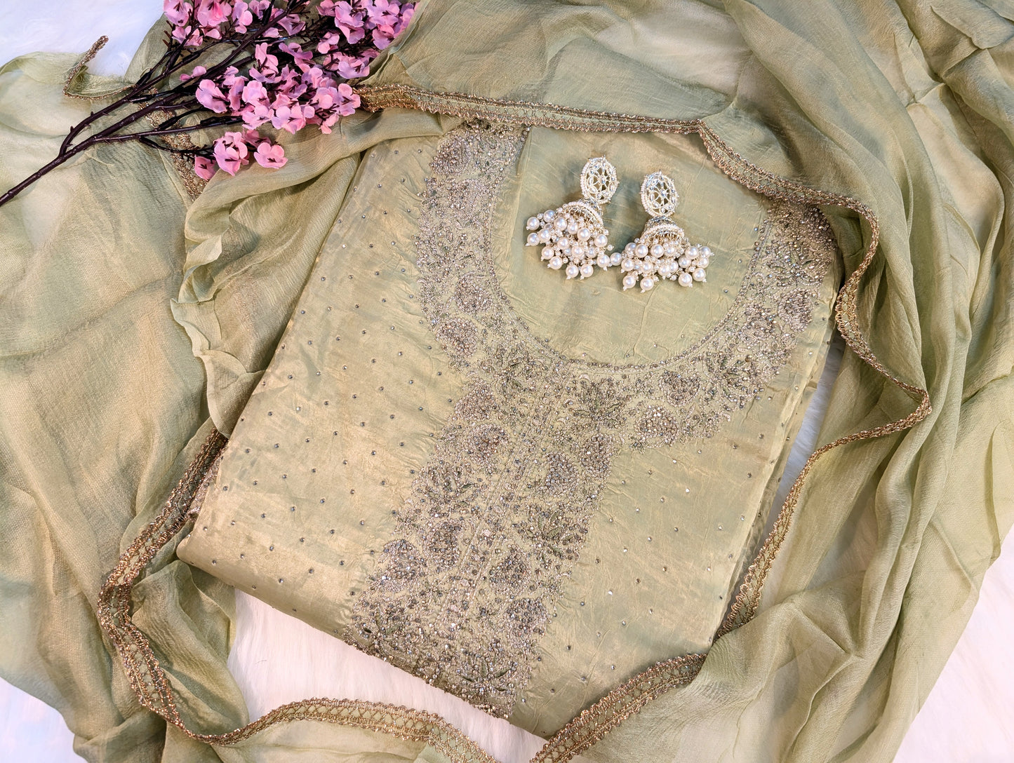 Embroidered Tissue-Organza Suit Set with Chiffon Dupatta