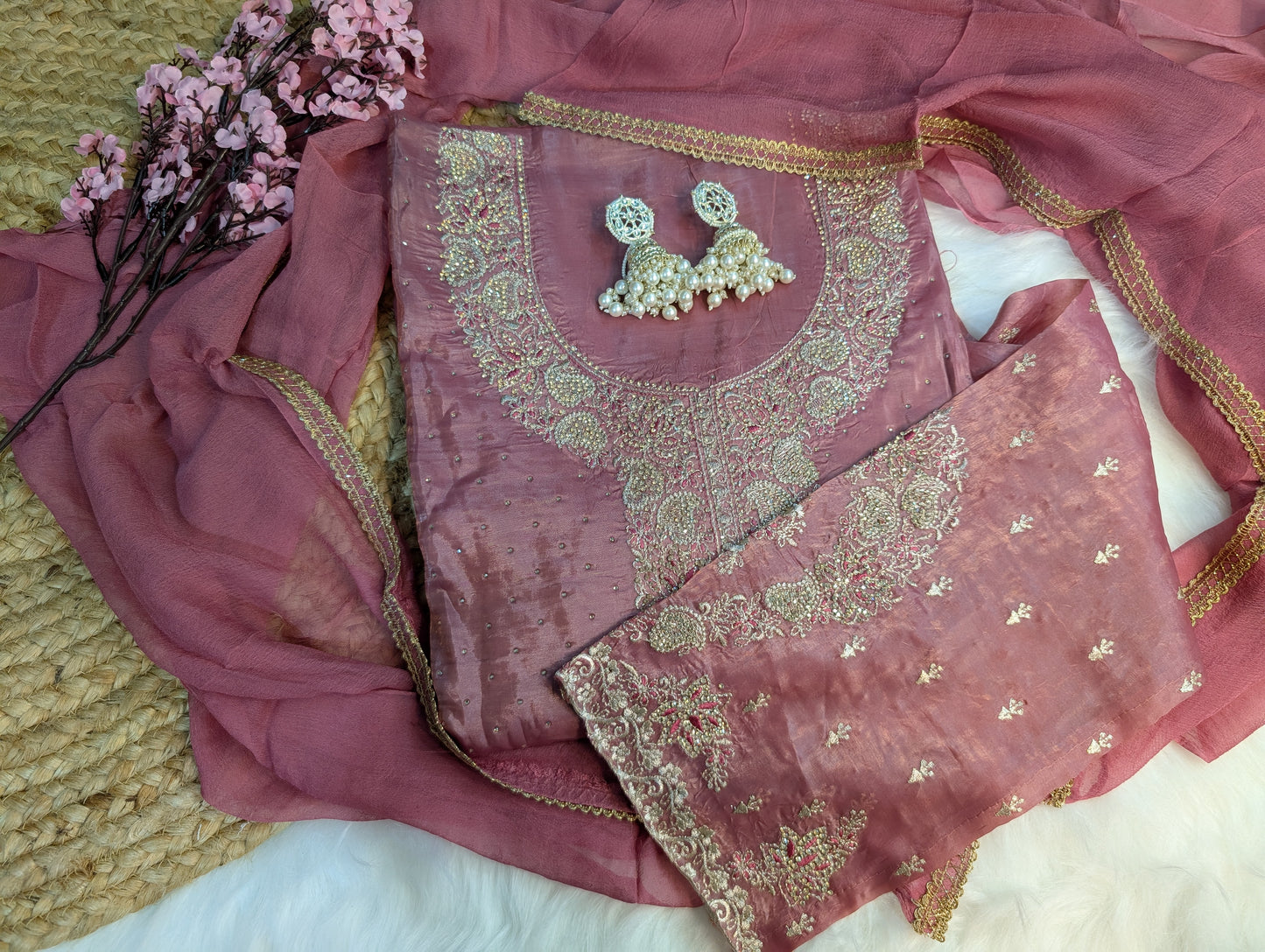 Embroidered Tissue-Organza Suit Set with Chiffon Dupatta