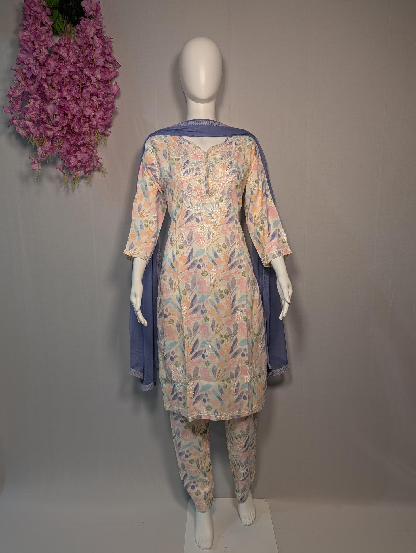 Pastel Floral Chikankari Mul Cotton Suit Set with Dupatta | Handwork from Lucknow