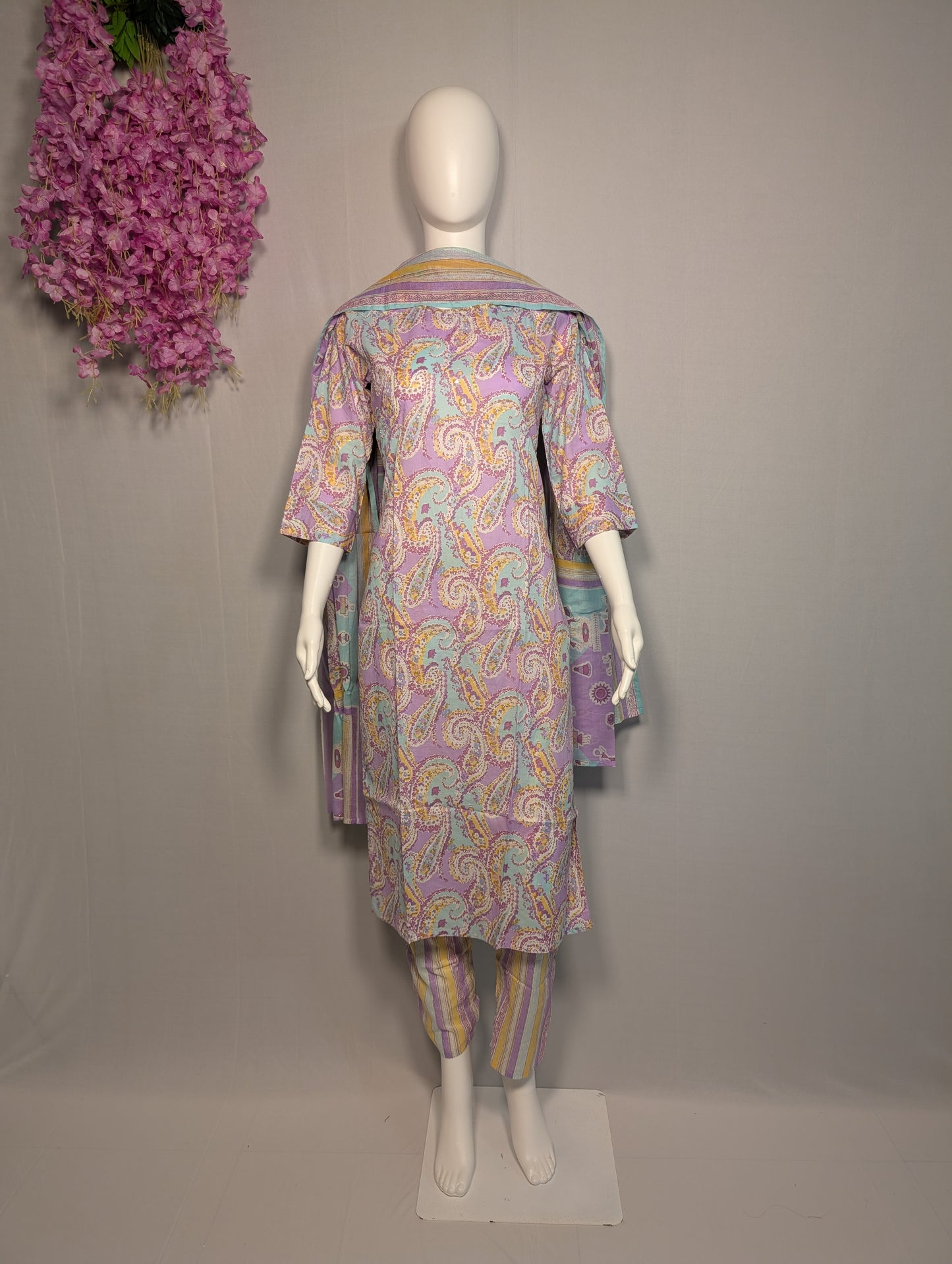 Purple Cotton Printed Three-Piece Suit Set with Handwork Accents | Zari Zen