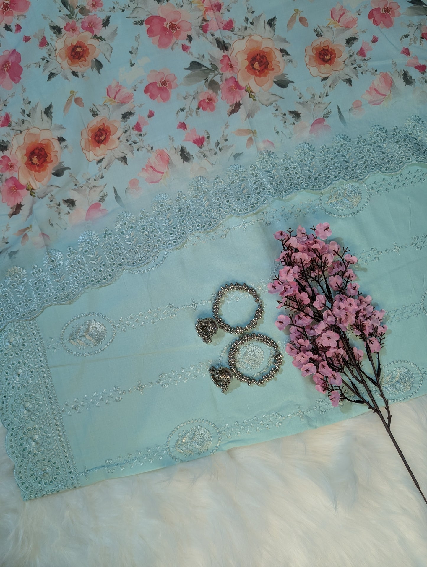 Pastel blue Embroidered Cotton Suit with Mal Cotton Printed Dupatta