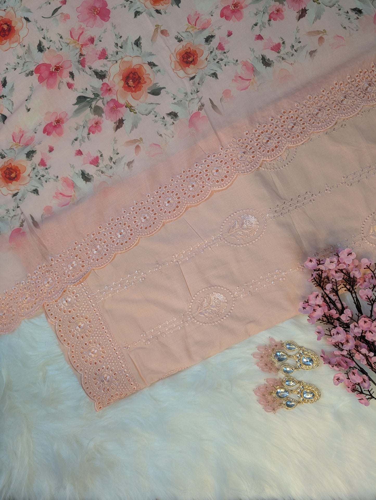 Peach Embroidered Cotton Suit with Mal Cotton Printed Dupatta
