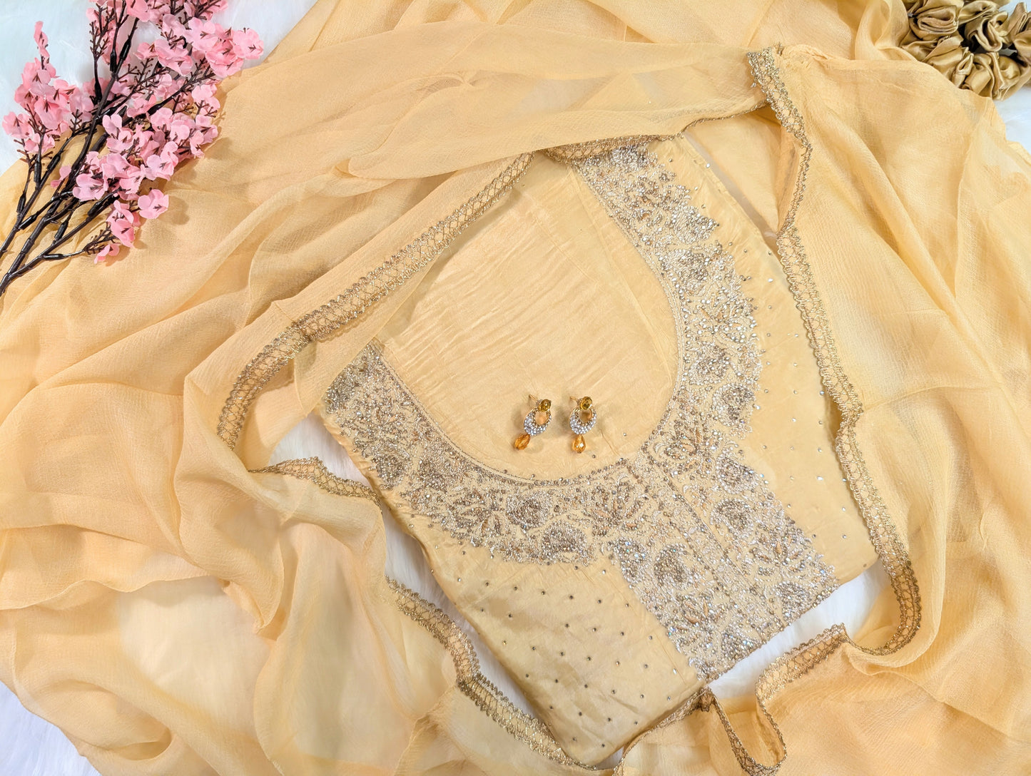 Embroidered Tissue-Organza Suit Set with Chiffon Dupatta Yellow suit