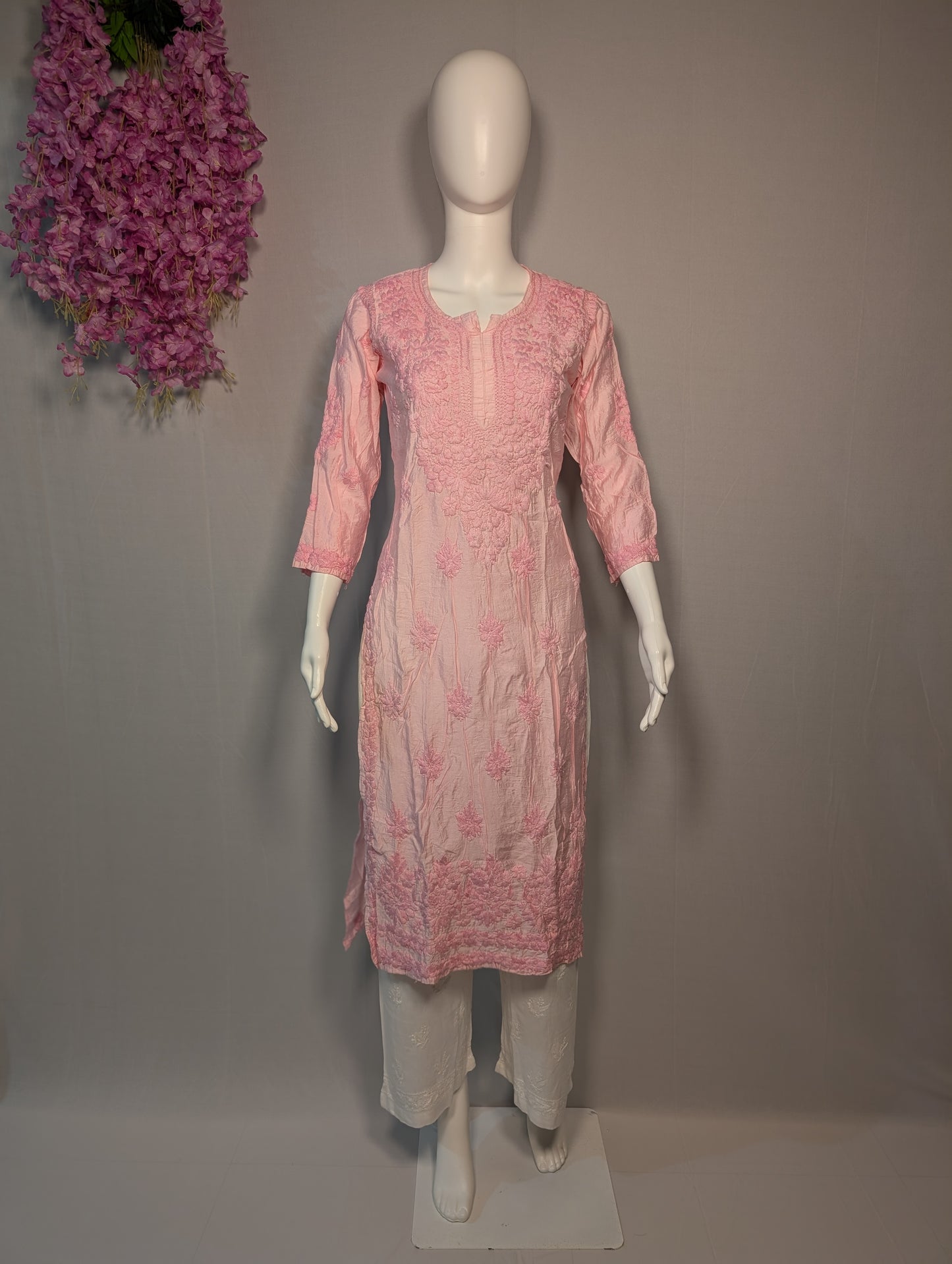 Pink mul chanderi kurti with thread chikenkari handwork by Zari Zen Studio – handmade Indian ethnic wear