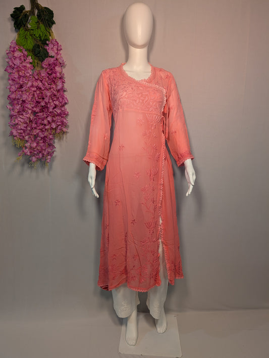 Noor Angrakha Chikankari Kurti – Coral Grace in Every Drape