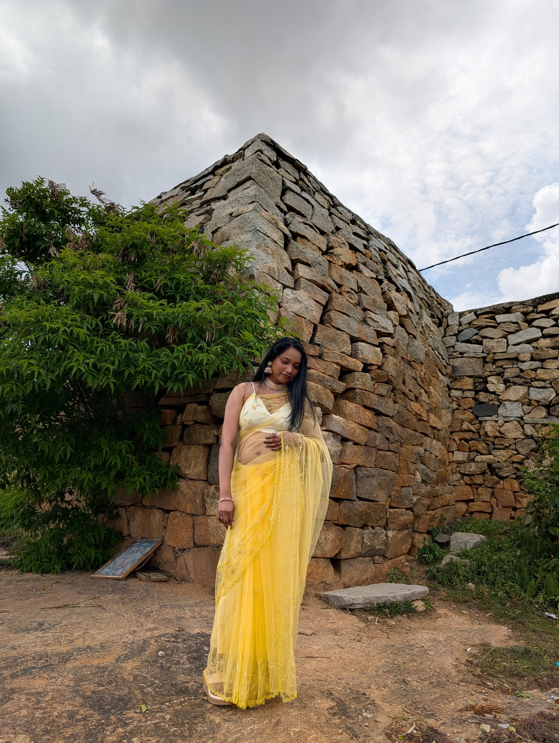 Soft yellow color Soft Net Saree with Hand Embroidery by ZariZenStudio