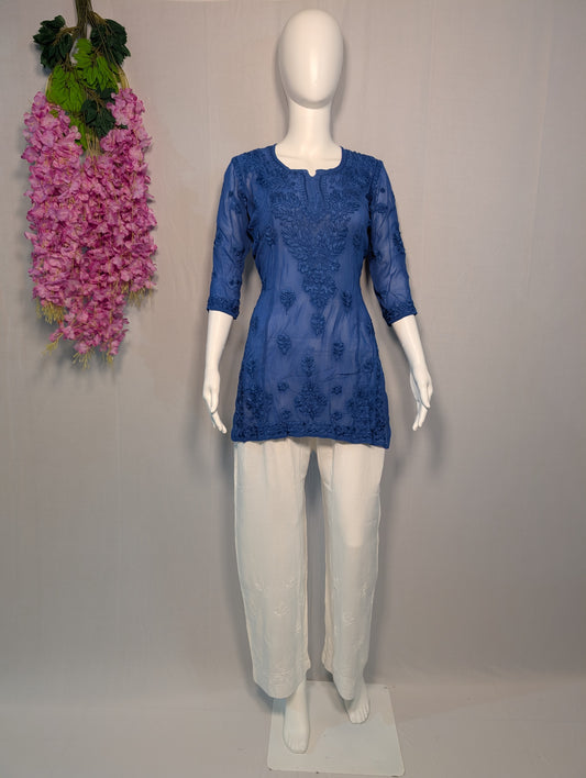 Blue pure georgette chikankari pure handwork lucknowi kurti by lucknow local artisans