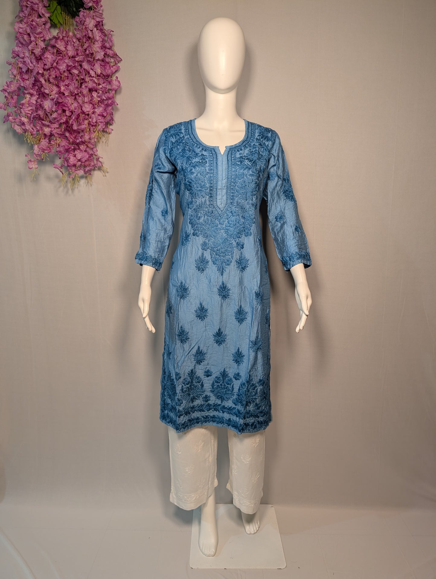 Blue mul chanderi kurti with thread chikenkari handwork by Zari Zen Studio – handmade Indian ethnic wear