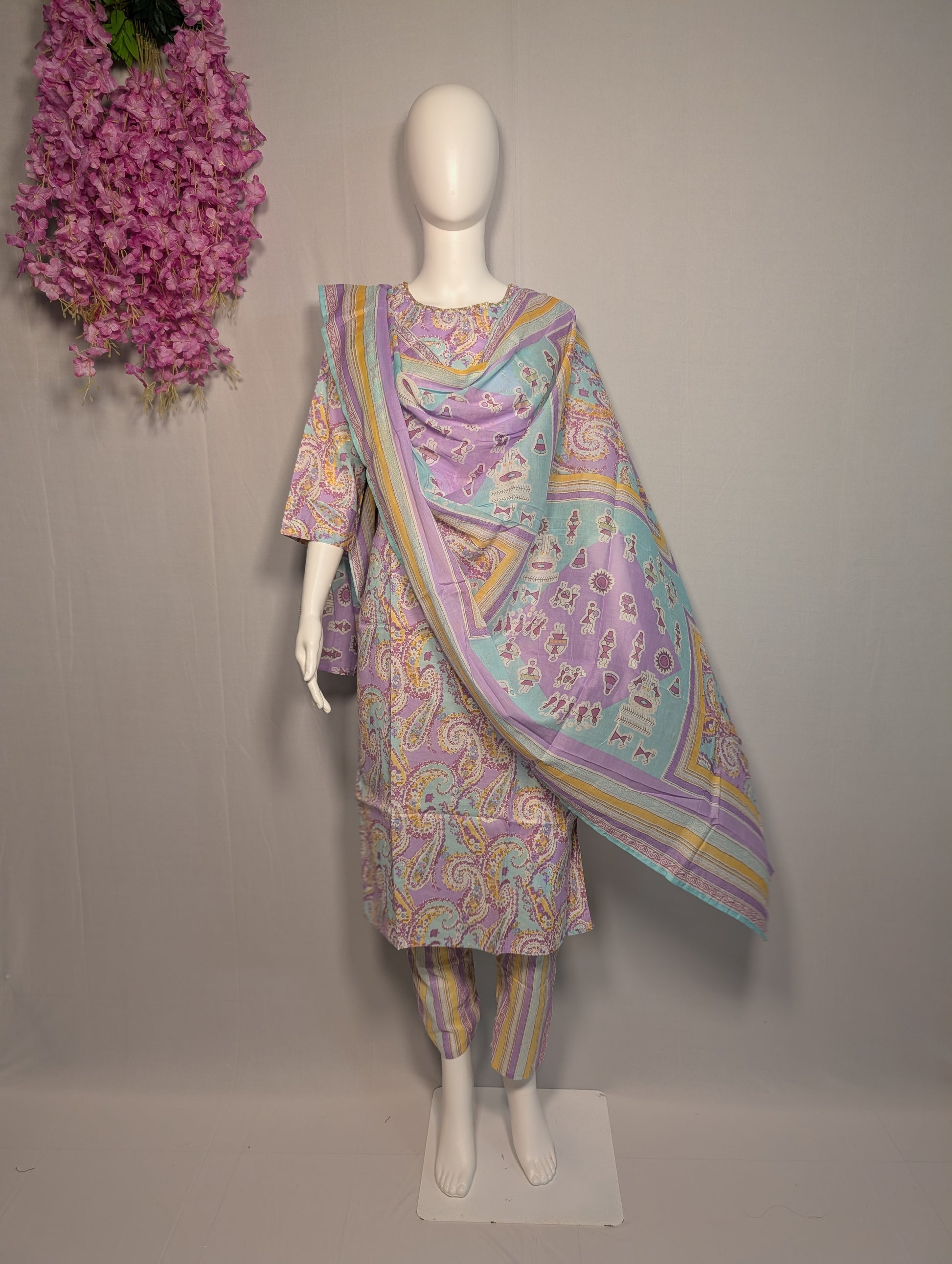 Purple Cotton Printed Three-Piece Suit Set with Handwork Accents | Zari Zen