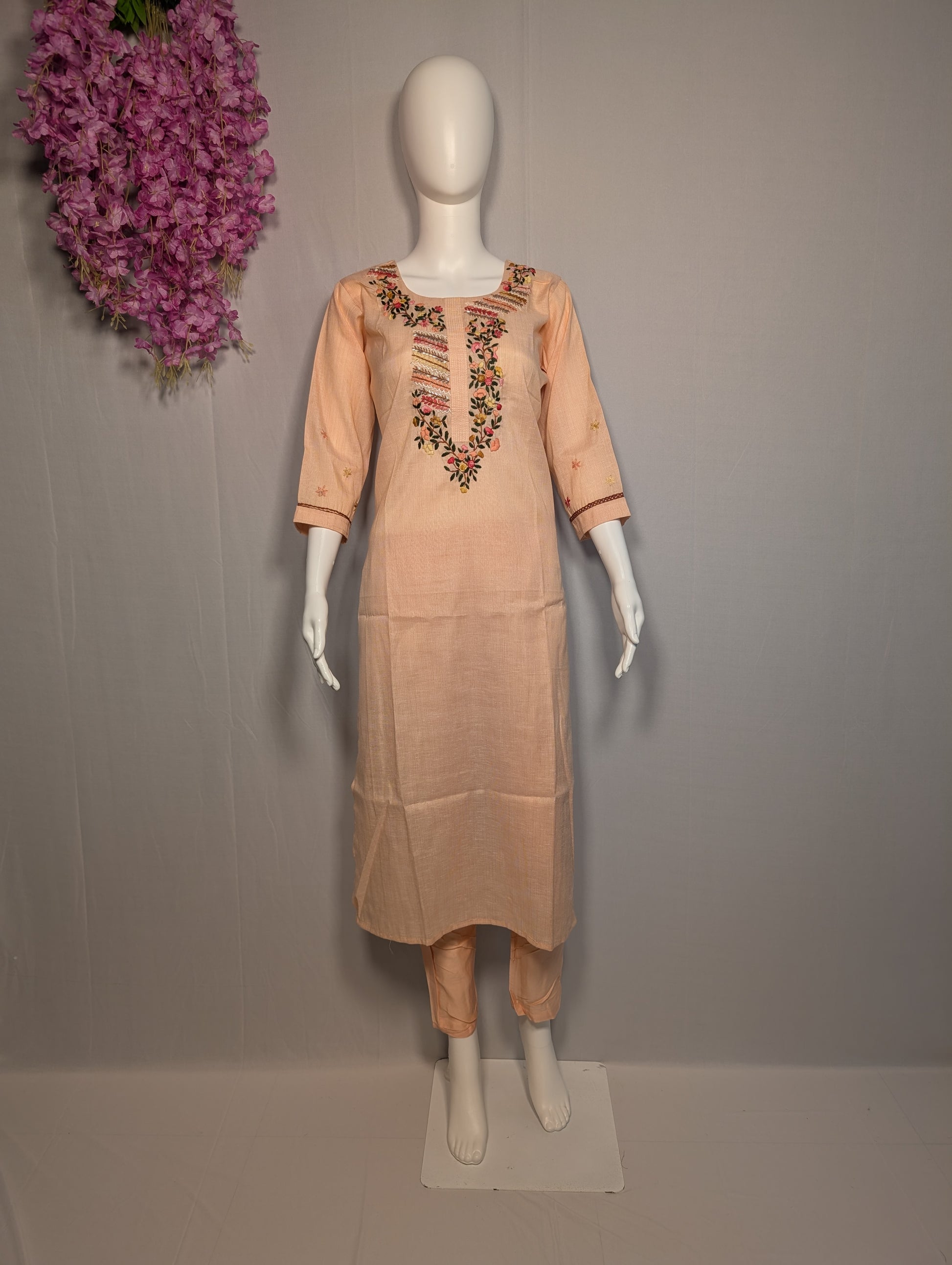 Cotton Coord Set with Thread Handwork – Elegant Peach Kurta Pant from Kolkata