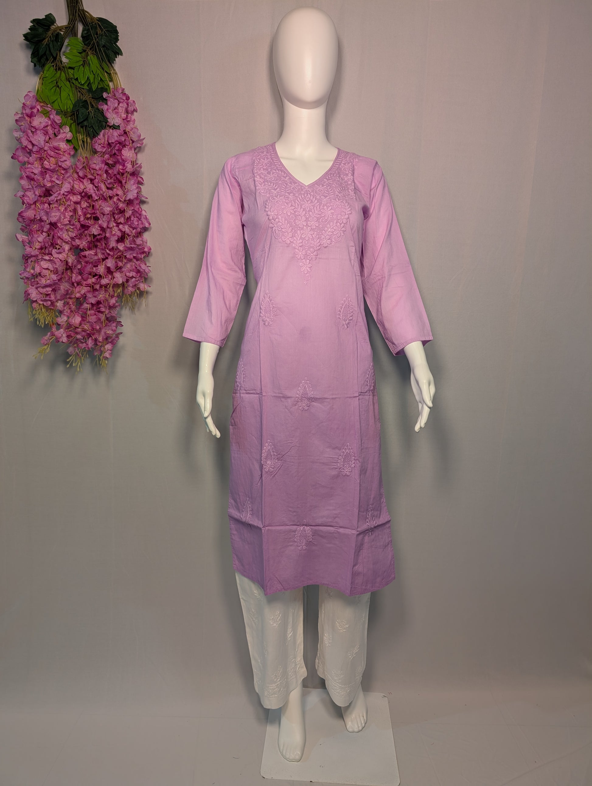 Lavanya Cotton Chikankari Kurti – Lilac Dreams in Ombré Threads