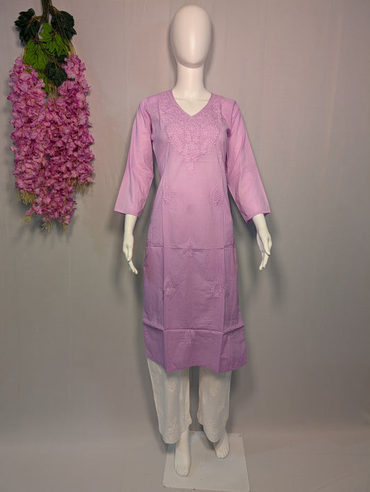Lavanya Cotton Chikankari Kurti – Lilac Dreams in Ombré Threads
