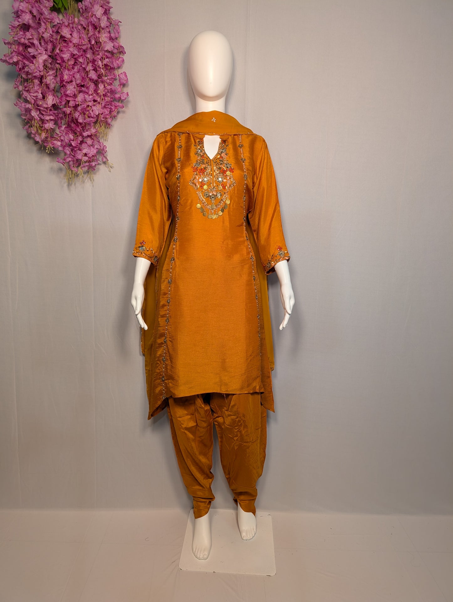 Dola Silk Golden Glow Handwork Suit Set – Orange Gold Elegance