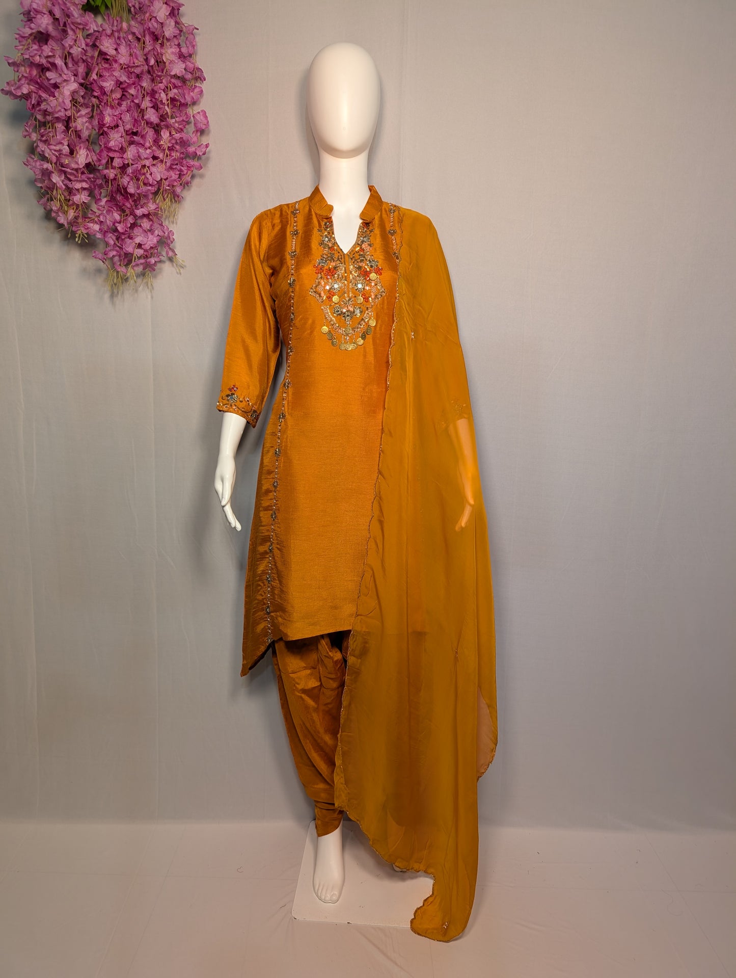 Dola Silk Golden Glow Handwork Suit Set – Orange Gold Elegance