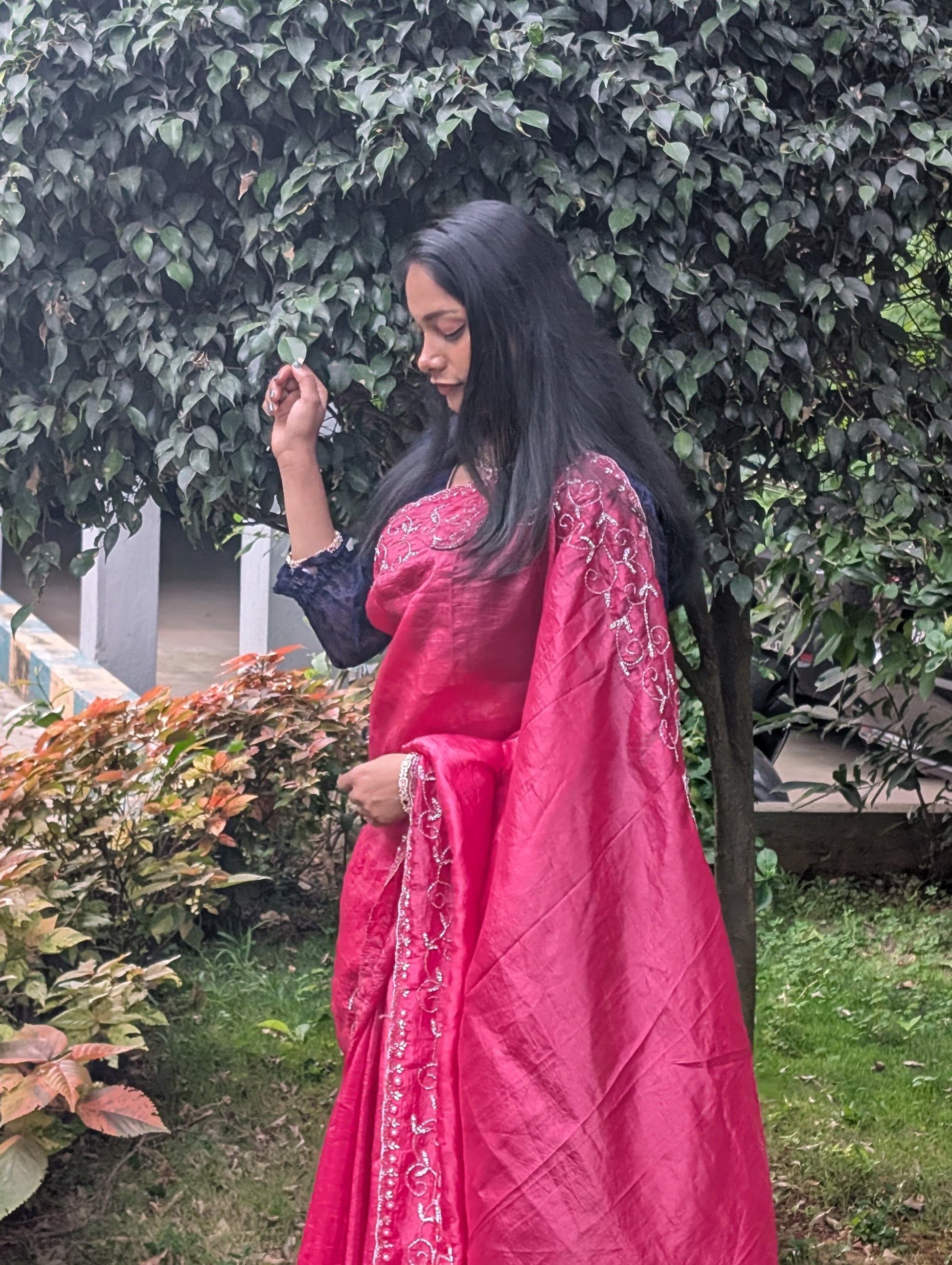 Elegant Soft Organza Saree with Hand Embroidery pink color silver work Zari Zen Studio