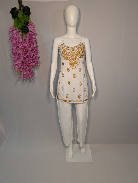 Mehek Noodle Strap Chikankari Kurti – Golden Sand