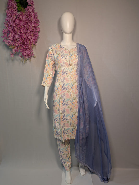 Pastel Floral Chikankari Mul Cotton Suit Set with Dupatta | Handwork from Lucknow by Zari Zen