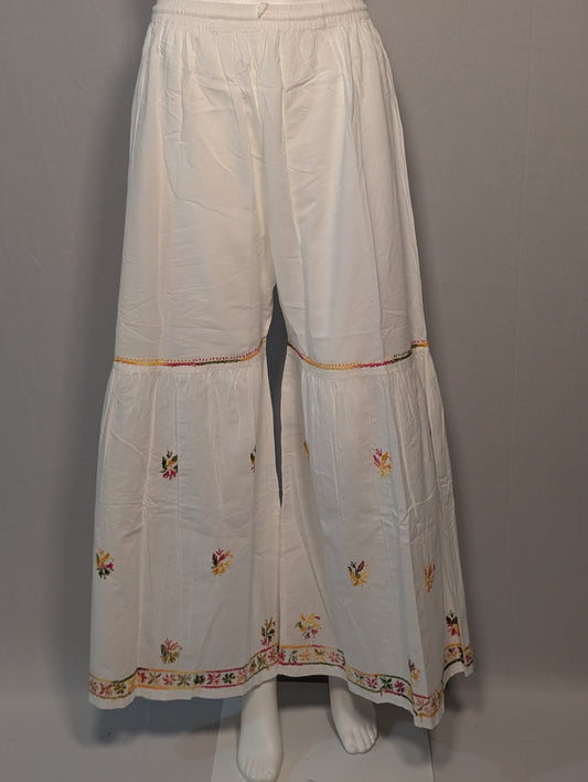 White Cotton Palazzo with Multicolor Handwork Chikankari Embroidery | Zari Zen