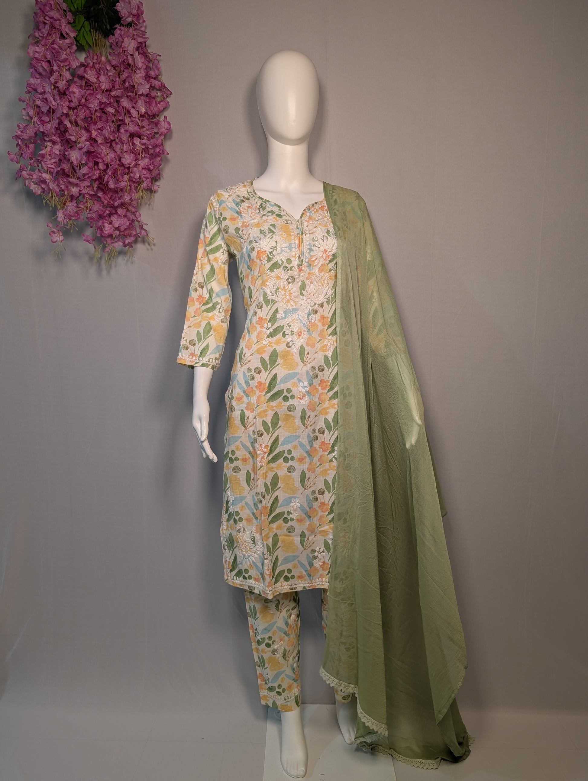 Green Floral Chikankari Mul Cotton Suit Set with Dupatta | Lucknowi Handwork