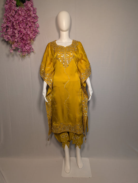 Dola Silk Kaftan Set with Gotta Patti Handwork – Mustard Glam