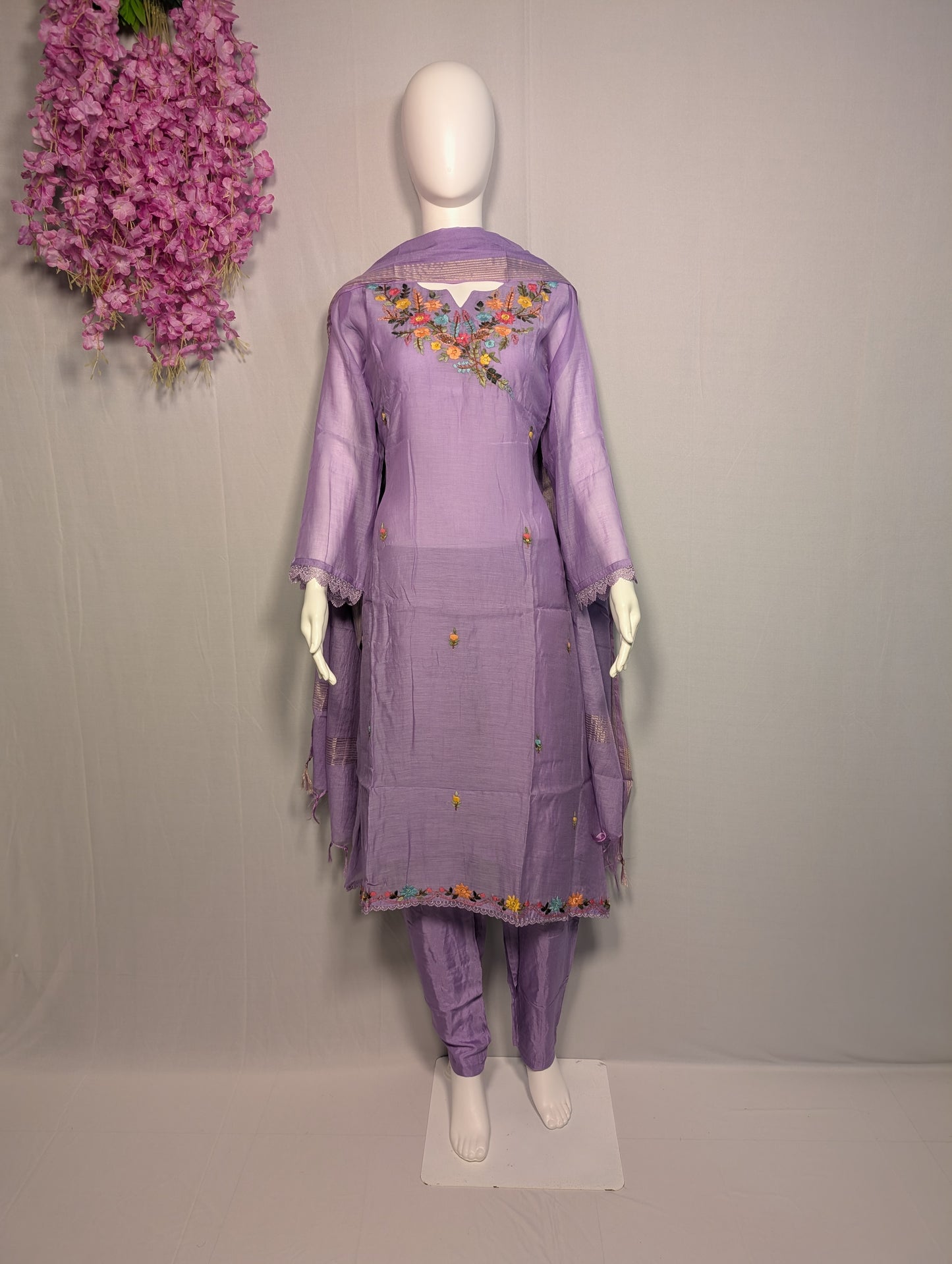 Mul Chanderi Suit Set – Purple French Knot Handwork by Kolkata Artisans