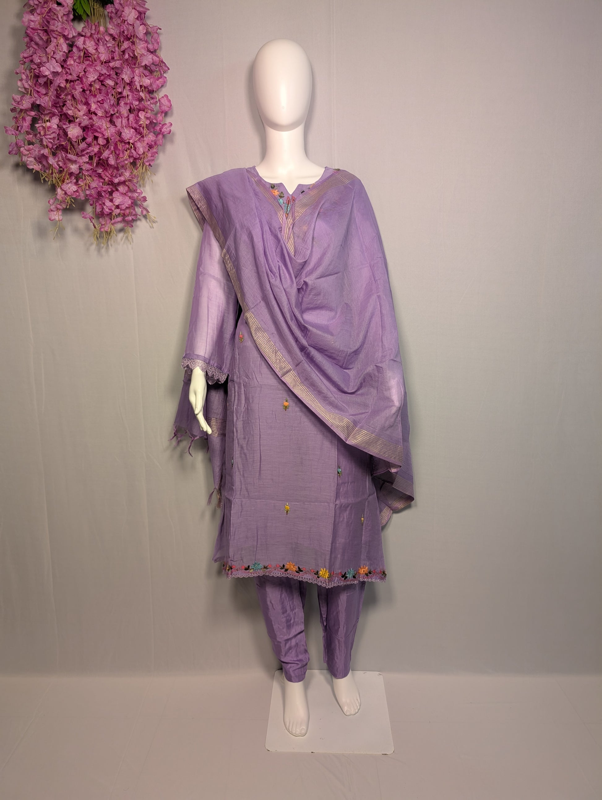 Mul Chanderi Suit Set – Purple French Knot Handwork by Kolkata Artisans