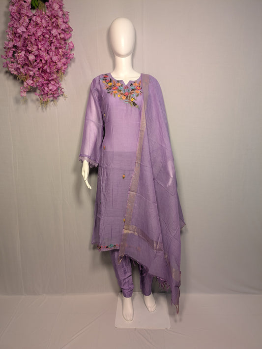 Mul Chanderi Suit Set – Purple French Knot Handwork by Kolkata Artisans