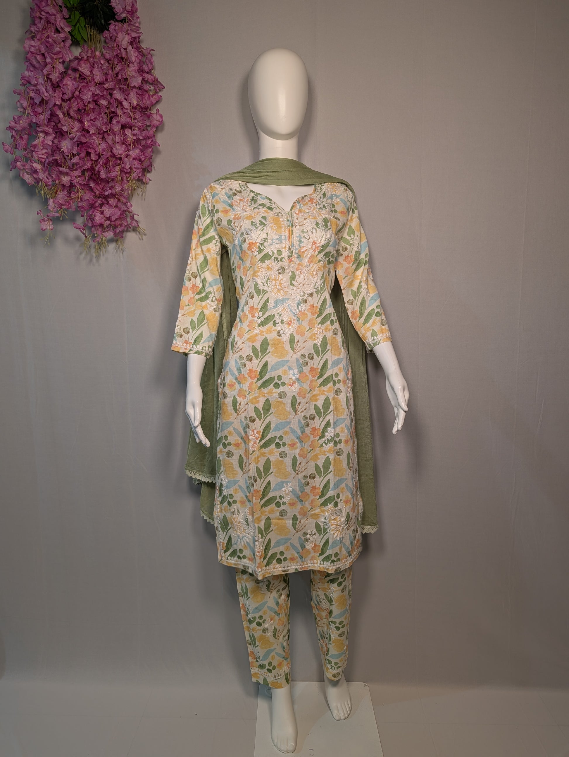 Green Floral Chikankari Mul Cotton Suit Set with Dupatta | Lucknowi Handwork