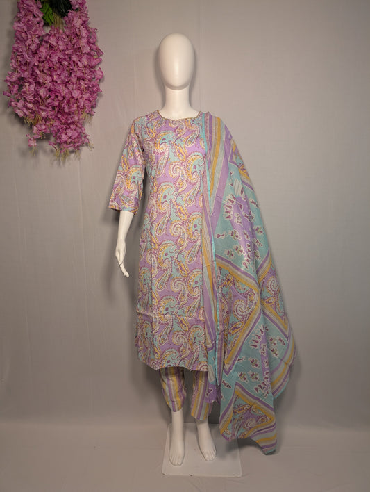Purple Cotton Printed Three-Piece Suit Set with Handwork Accents | Zari Zen