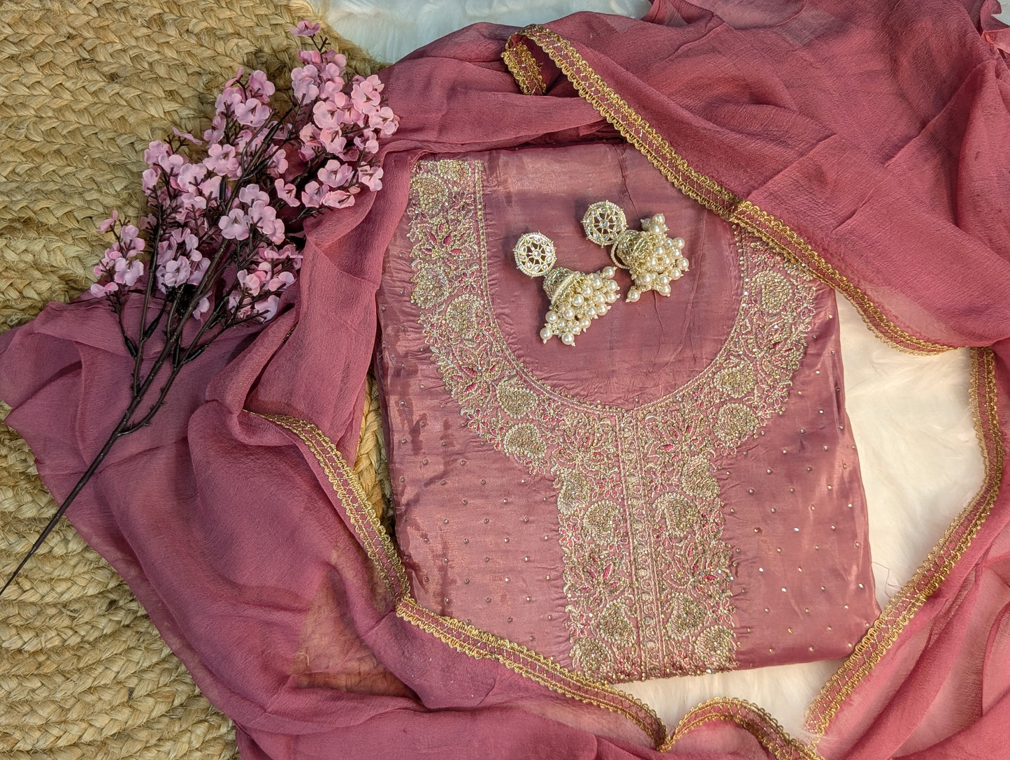 Embroidered Tissue-Organza Suit Set with Chiffon Dupatta