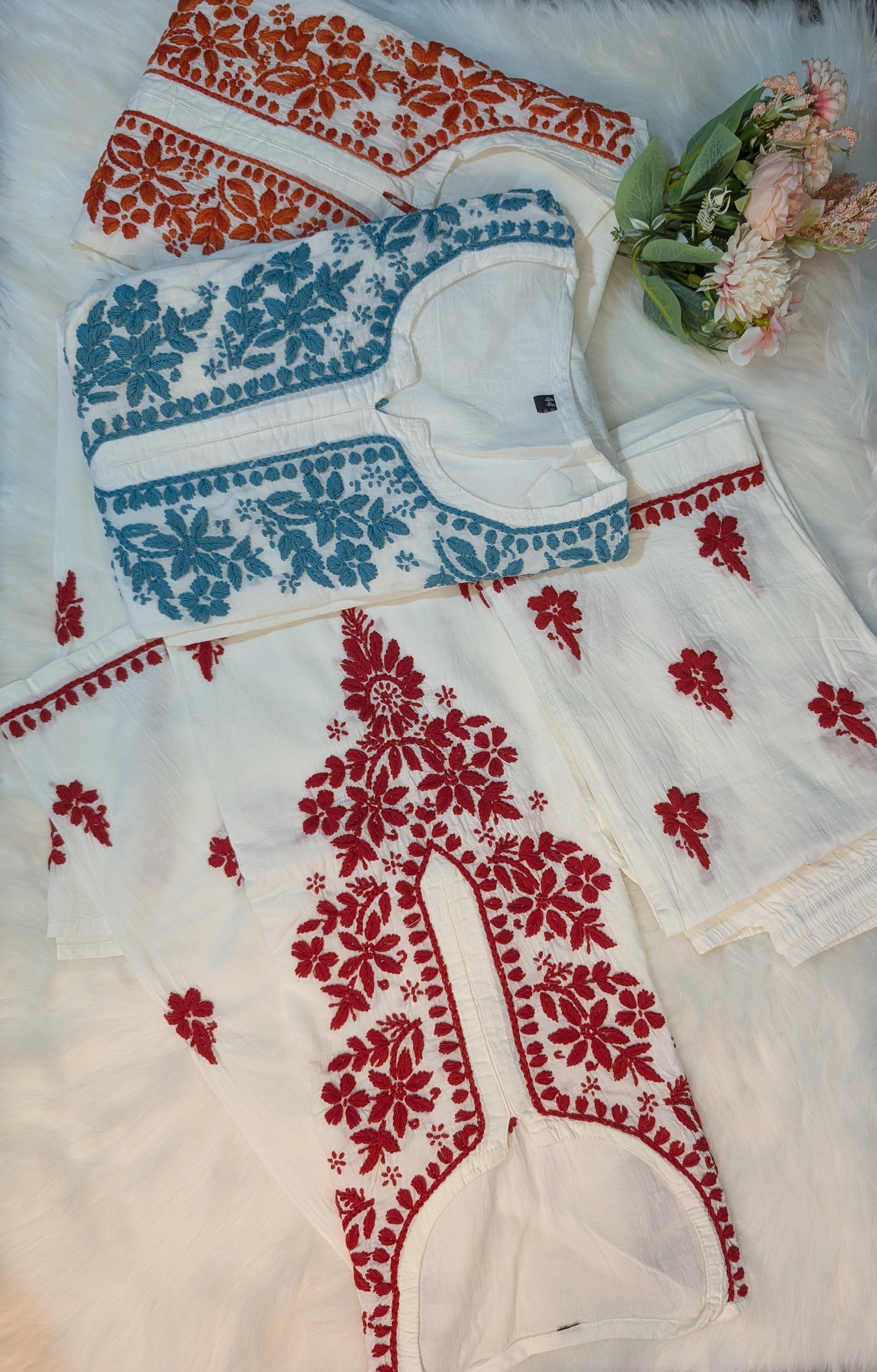  Chikankari kurti palazo Set – Grace in Scarlet Threads pure handwork from lucknow artisans