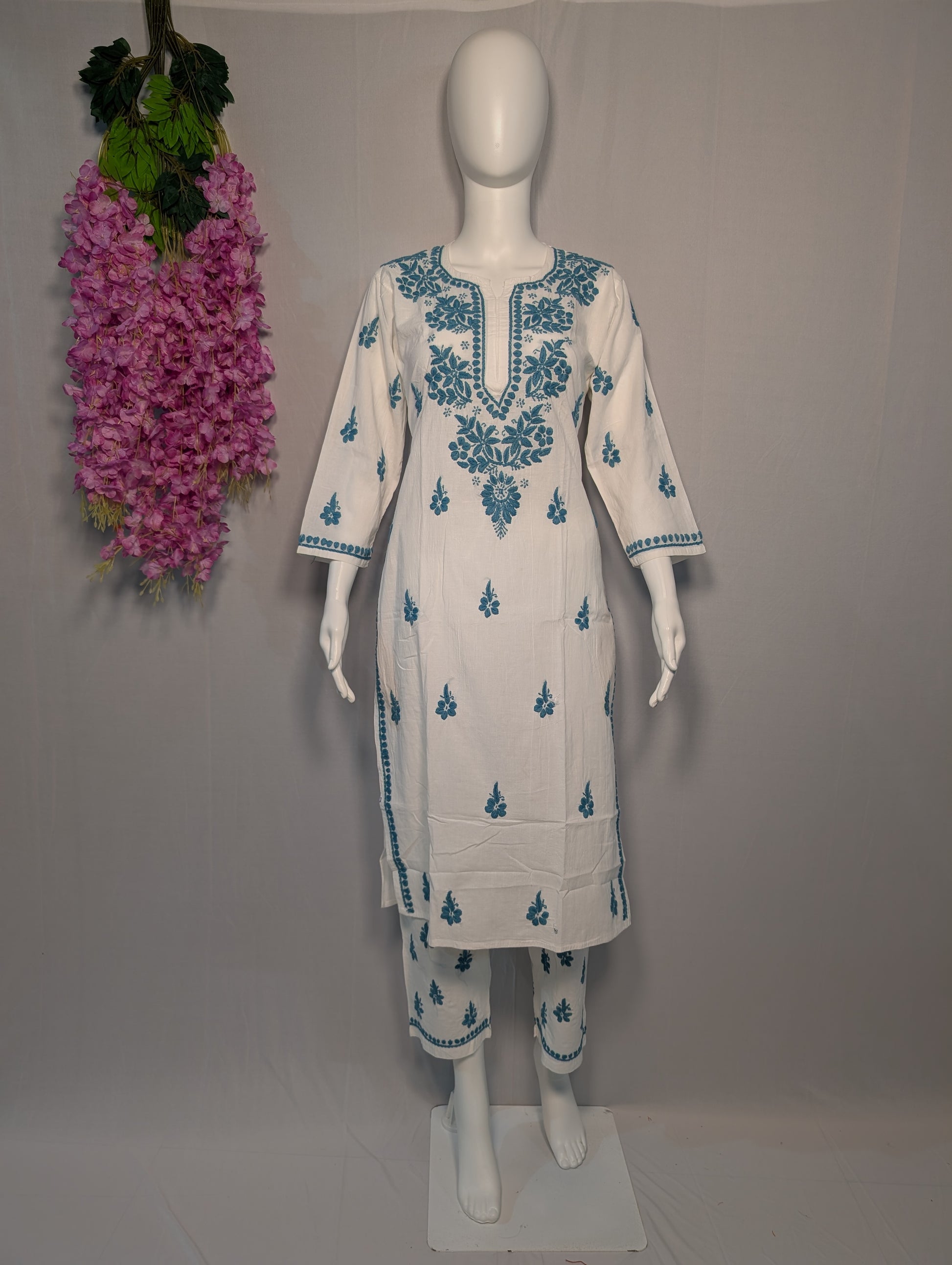 Neelkamal Chikankari Set – Pure Grace in Threaded Bloom pure handwork lucknowi kurti palazoset