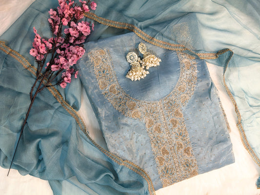 Embroidered Tissue-Organza Suit Set with Chiffon Dupatta