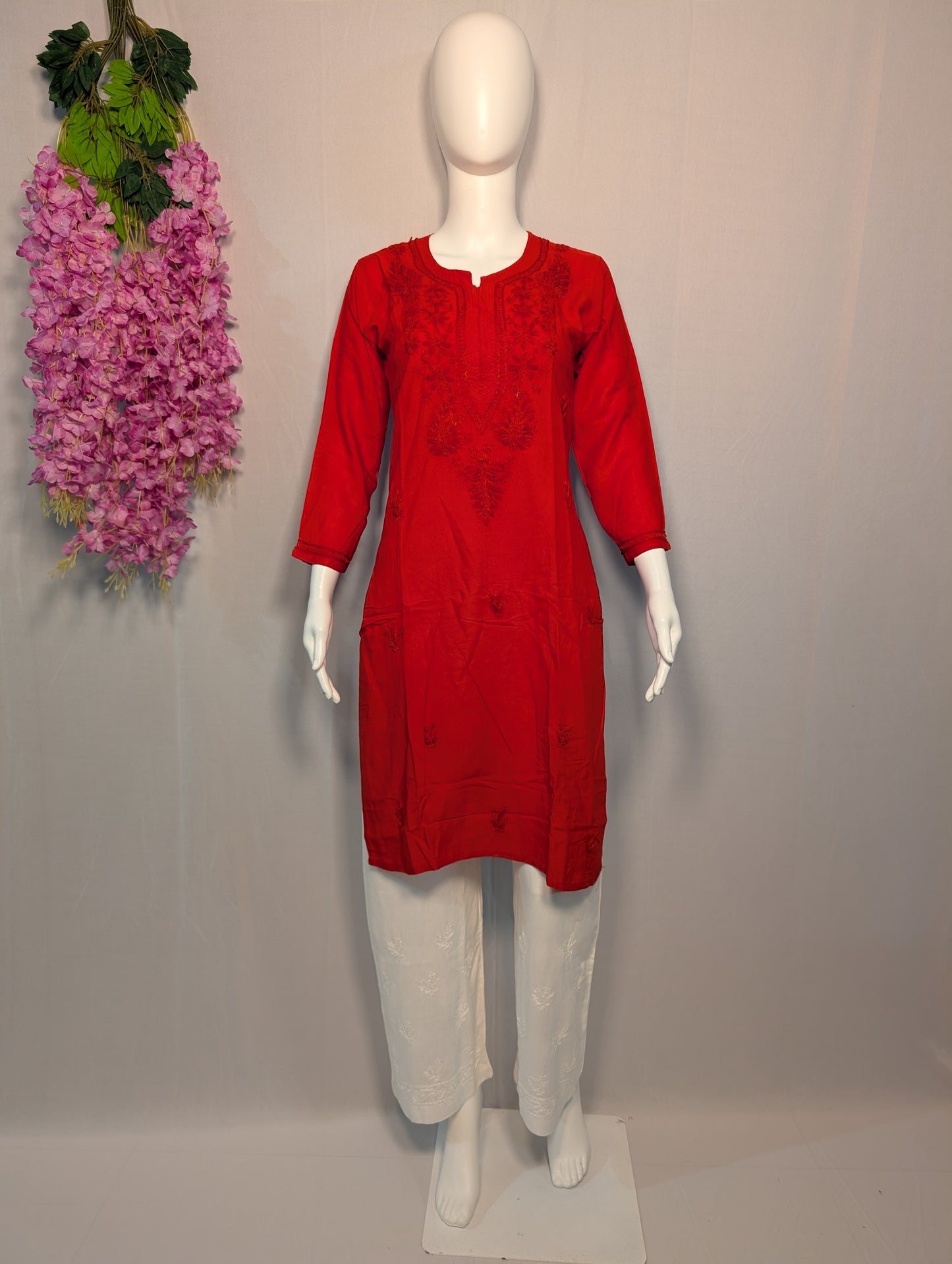 Sitara Rayon Chikankari Kurti – Classic Red, Crafted Grace