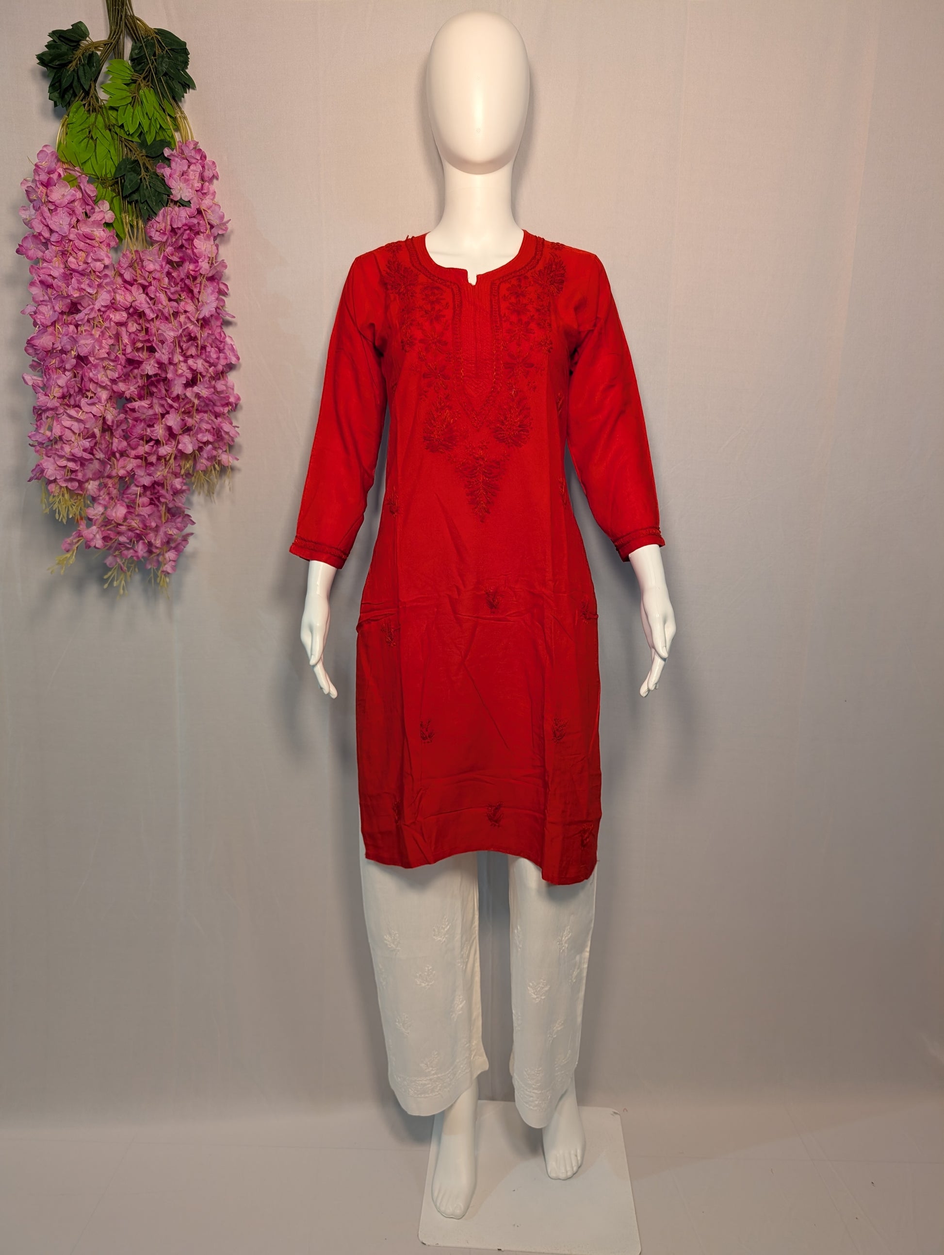 Sitara Rayon Chikankari Kurti – Classic Red, Crafted Grace