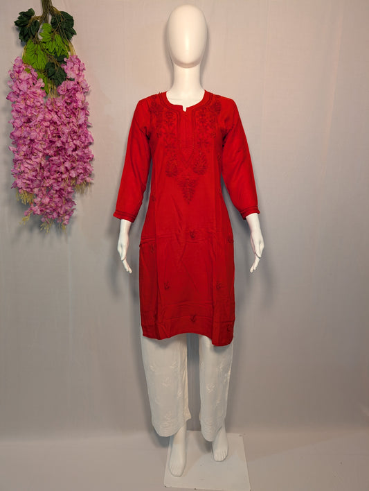 Sitara Rayon Chikankari Kurti – Classic Red, Crafted Grace