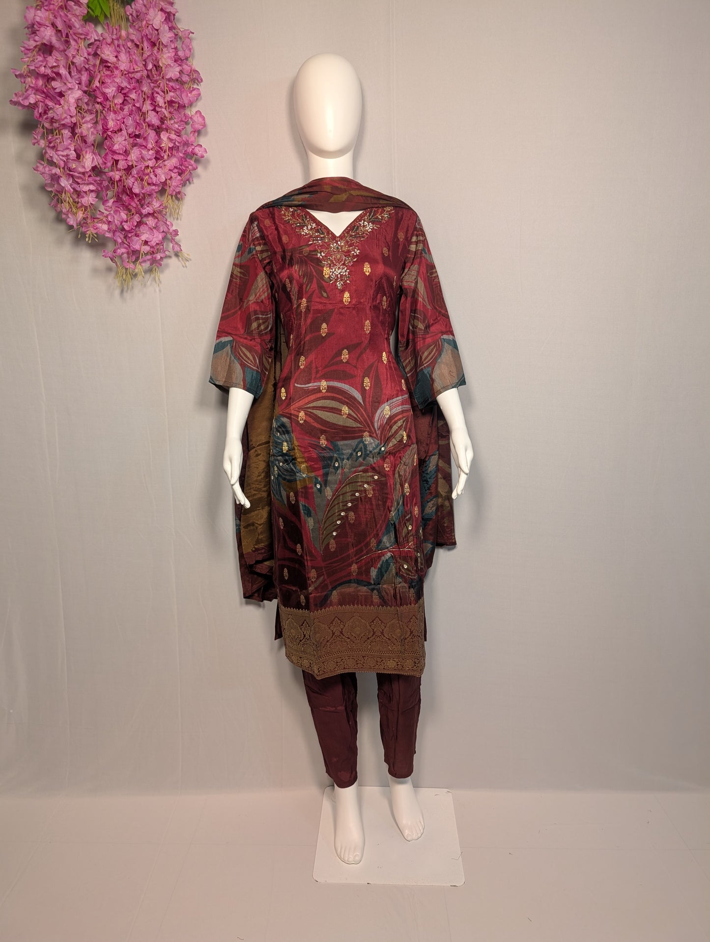 Russian Jacquard Handwork Suit Set – Elegant Three-Piece from Kolkata Artisans