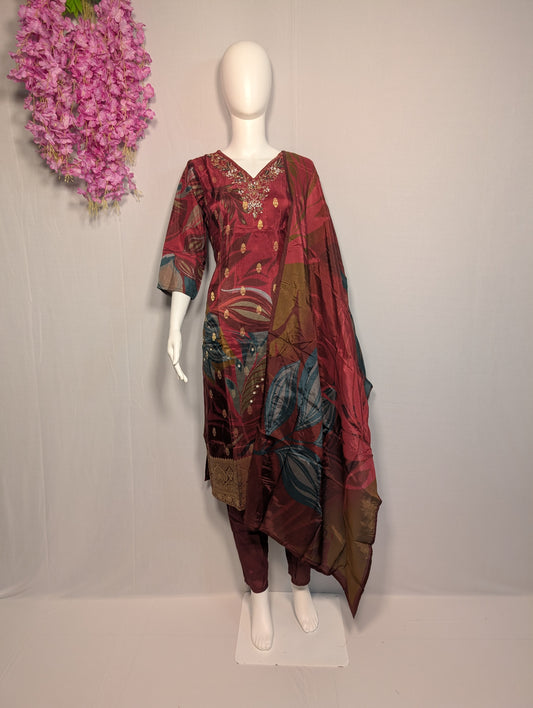Russian Jacquard Handwork Suit Set – Elegant Three-Piece from Kolkata Artisans