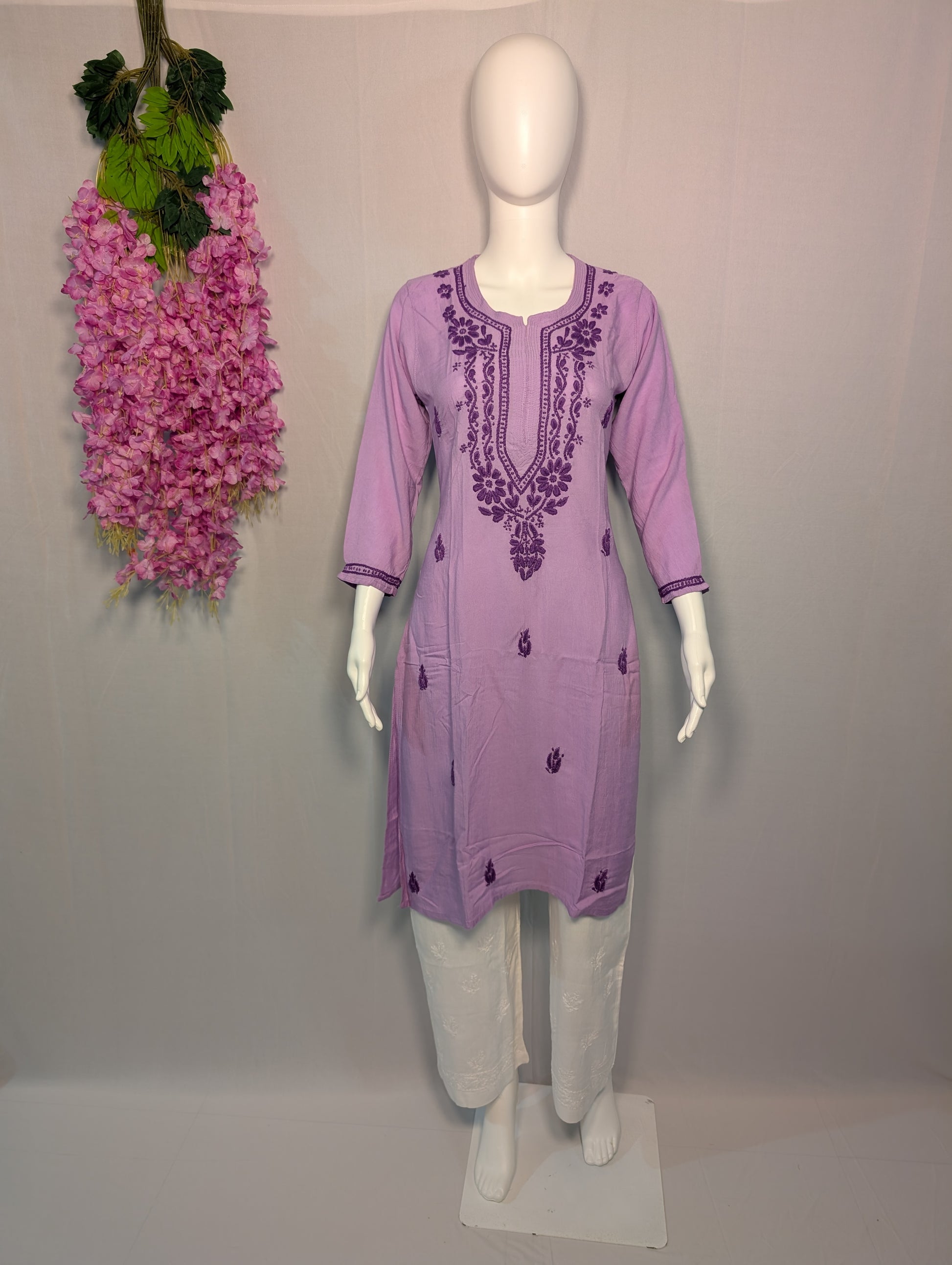 Sitara Rayon Chikankari Kurti – Lavender Bloom with Threaded Charm
