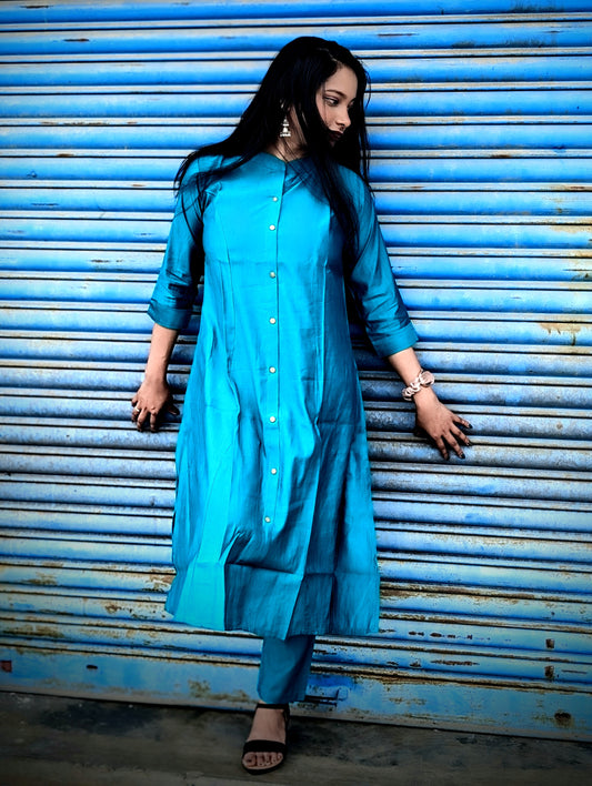 Solid Cotton Kurta & Pant Set in blue office wear daily wear party wear formal wear